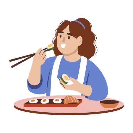 Femme mangeant des sushis avec des baguettes  Illustration