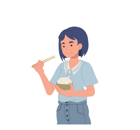 Femme mangeant du riz avec des baguettes  Illustration