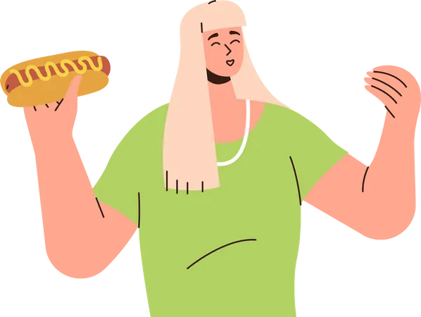 Femme mangeant un hot-dog  Illustration