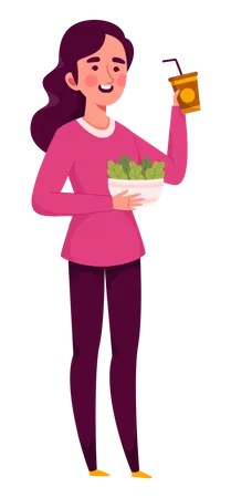 Femme mangeant de la salade avec une boisson  Illustration