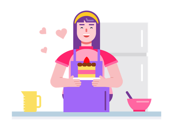 Femme avec un gâteau pâtissier à la main souriant à la boulangerie  Illustration