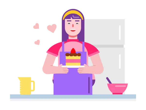 Femme avec un gâteau pâtissier à la main souriant à la boulangerie  Illustration