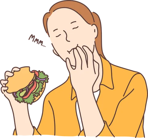 Femme mangeant un hamburger  Illustration