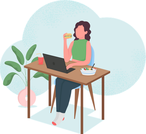 Femme mangeant au bureau d'ordinateur  Illustration