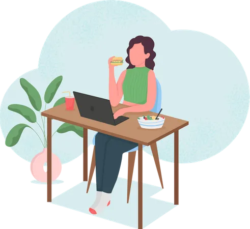 Femme mangeant au bureau d'ordinateur  Illustration