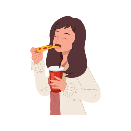 Femme mangeant de la pizza et tenant un verre de boisson gazeuse  Illustration