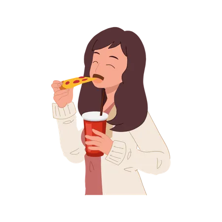 Femme mangeant de la pizza et tenant un verre de boisson gazeuse  Illustration