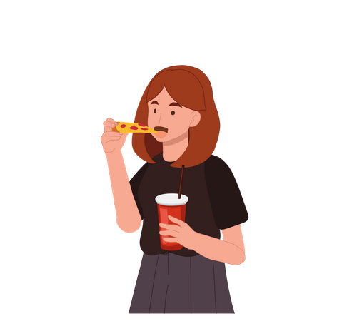 Femme mangeant de la pizza tout en tenant une boisson gazeuse  Illustration