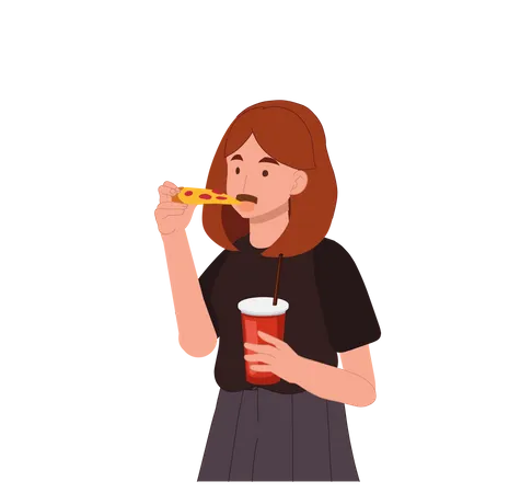 Femme mangeant de la pizza tout en tenant une boisson gazeuse  Illustration