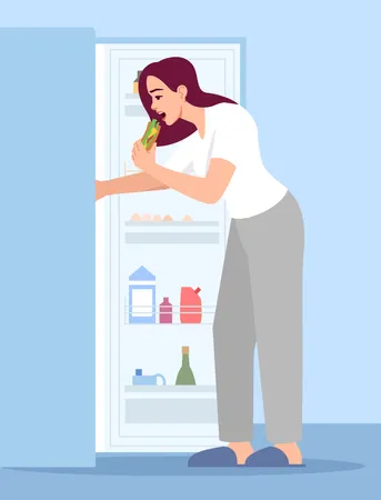 Femme mangeant du réfrigérateur  Illustration