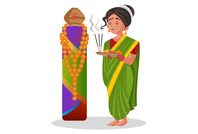 Femme marathi faisant un culte avec Puja thali  Illustration