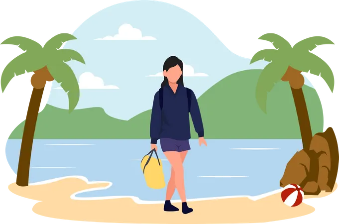Femme qui marche à la plage  Illustration