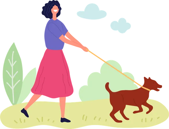 Femme qui marche avec un animal de compagnie  Illustration