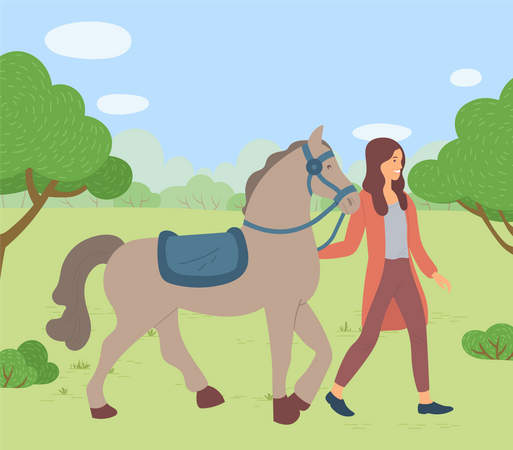Femme qui marche avec un cheval dans le parc  Illustration