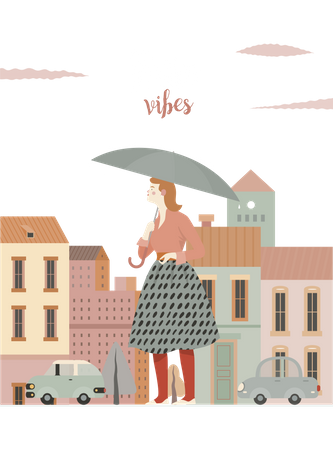 Femme qui marche avec un parapluie  Illustration