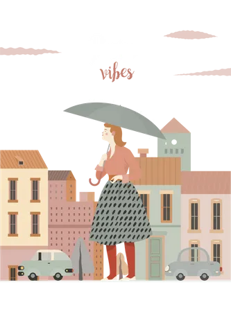 Femme qui marche avec un parapluie  Illustration