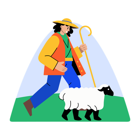 Femme marchant avec un agneau  Illustration