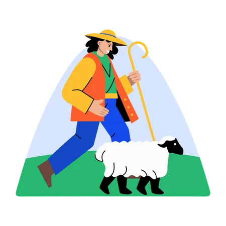 Femme marchant avec un agneau  Illustration
