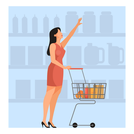 Femme marchant avec panier dans un supermarché  Illustration