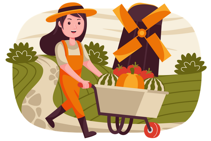 Femme qui marche avec un chariot à fruits  Illustration