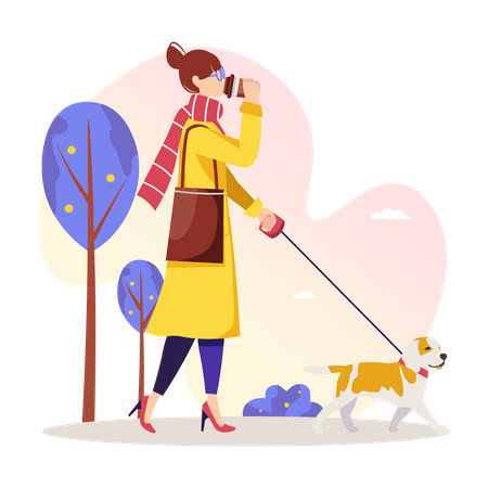 Femme marchant avec un chien et buvant du café  Illustration