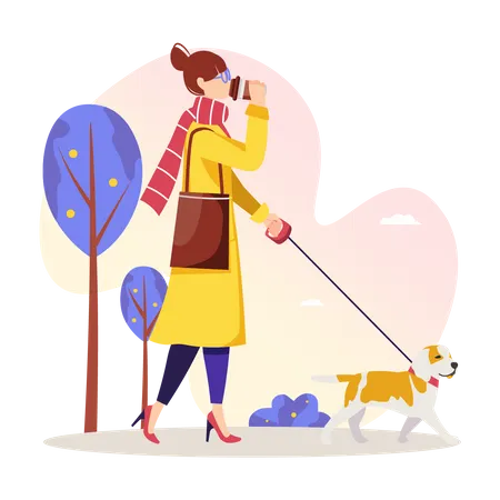 Femme marchant avec un chien et buvant du café  Illustration