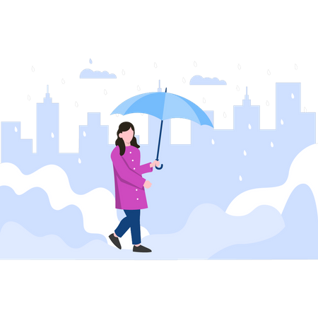 Femme qui marche avec un parapluie sous la pluie  Illustration