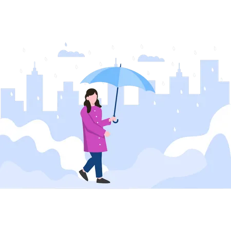 Femme qui marche avec un parapluie sous la pluie  Illustration