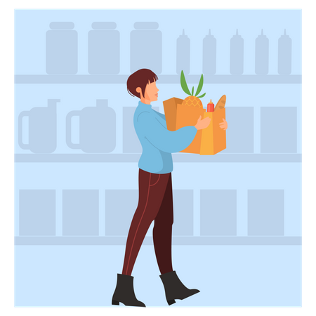 Femme qui marche avec un sac à provisions au supermarché  Illustration