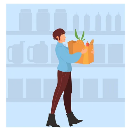 Femme qui marche avec un sac à provisions au supermarché  Illustration