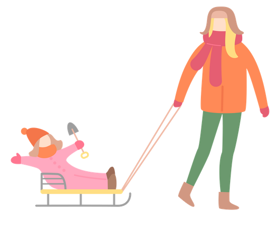 Femme qui marche avec une petite fille sur un traîneau  Illustration