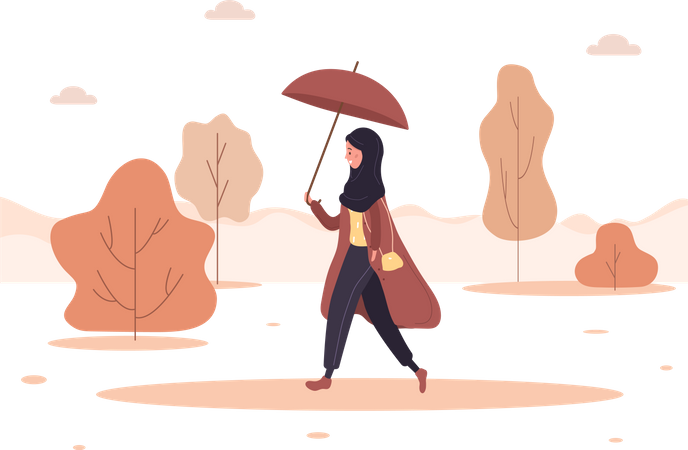 Femme qui marche dans le parc avec un parapluie  Illustration