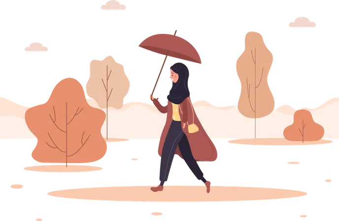 Femme qui marche dans le parc avec un parapluie  Illustration