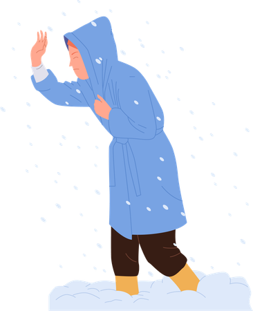 Une femme marche dans une tempête de neige  Illustration