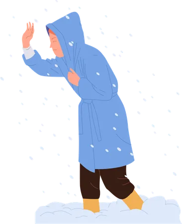 Une femme marche dans une tempête de neige  Illustration