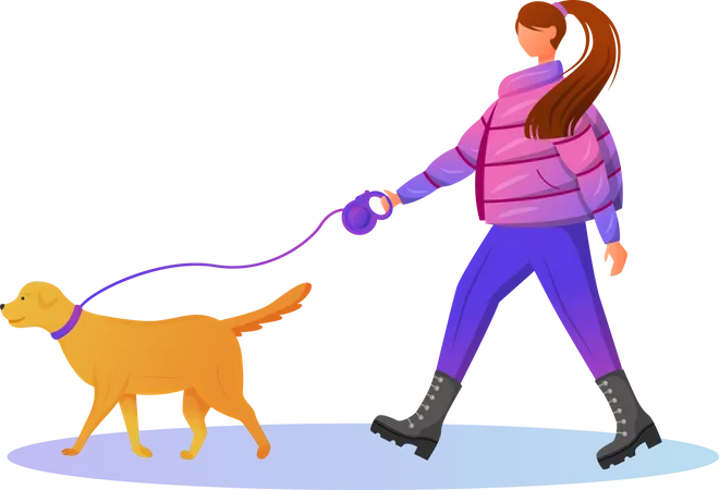 Femme marchant en hiver avec son animal de compagnie  Illustration