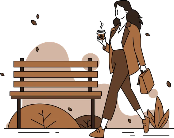 Femme marchant et prenant un café  Illustration