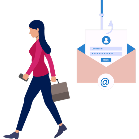 Femme marchant pendant un courrier de phishing  Illustration
