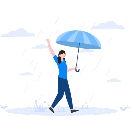 Femme marchant sous la pluie avec un parapluie  Illustration