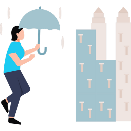 Femme qui marche sous la pluie avec un parapluie  Illustration