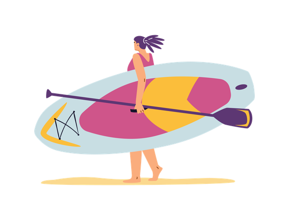 Femme marchant sur le sable avec une planche de SUP et une pagaie  Illustration