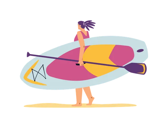 Femme marchant sur le sable avec une planche de SUP et une pagaie  Illustration