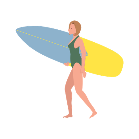 Femme marchant vers la mer avec des planches de surf sur la plage  Illustration