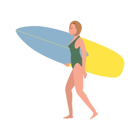 Femme marchant vers la mer avec des planches de surf sur la plage  Illustration