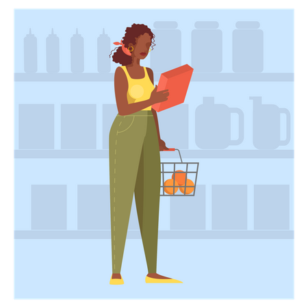 Femme qui marche avec panier dans un supermarché  Illustration