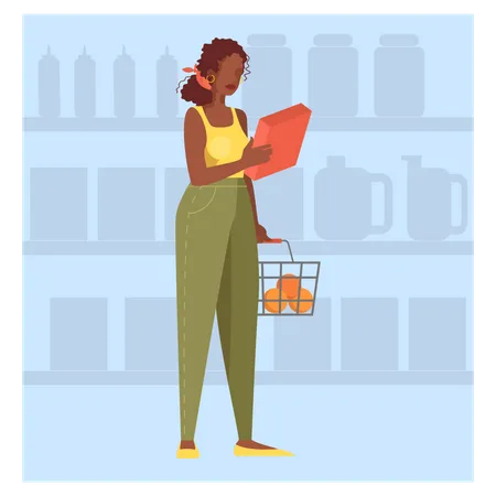 Femme qui marche avec panier dans un supermarché  Illustration