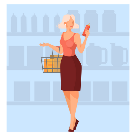 Femme qui marche avec panier dans un supermarché  Illustration