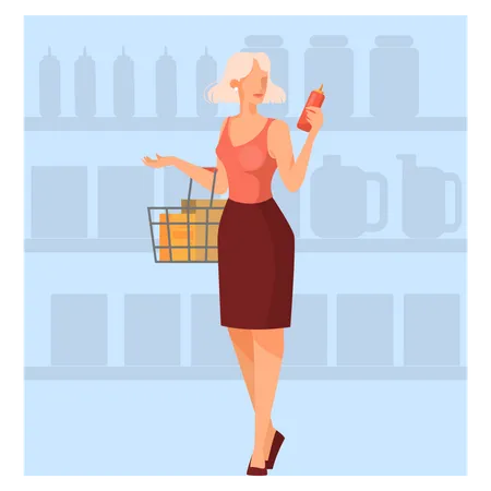 Femme qui marche avec panier dans un supermarché  Illustration