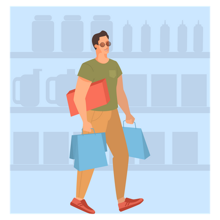 Femme qui marche avec panier dans un supermarché  Illustration