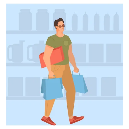 Femme qui marche avec panier dans un supermarché  Illustration